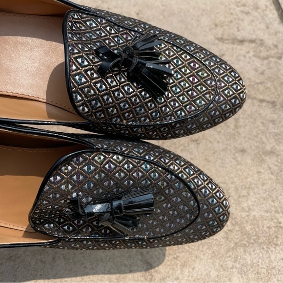 [9.5] J.Crew Black & White, Pink & Blue Diamond Print Almond Toe Tassle Loafers - Picture 4 of 11